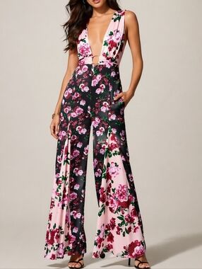 Bebe Floral Deep-V Wide Leg Jumpsuit - Sangria Rose - Size Small Wedding Guest